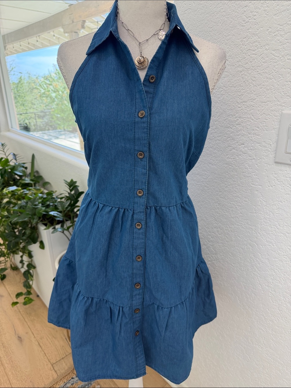 NWT Sleeveless Denim Halter Button-Front Tunic Dress - Blue Size Small